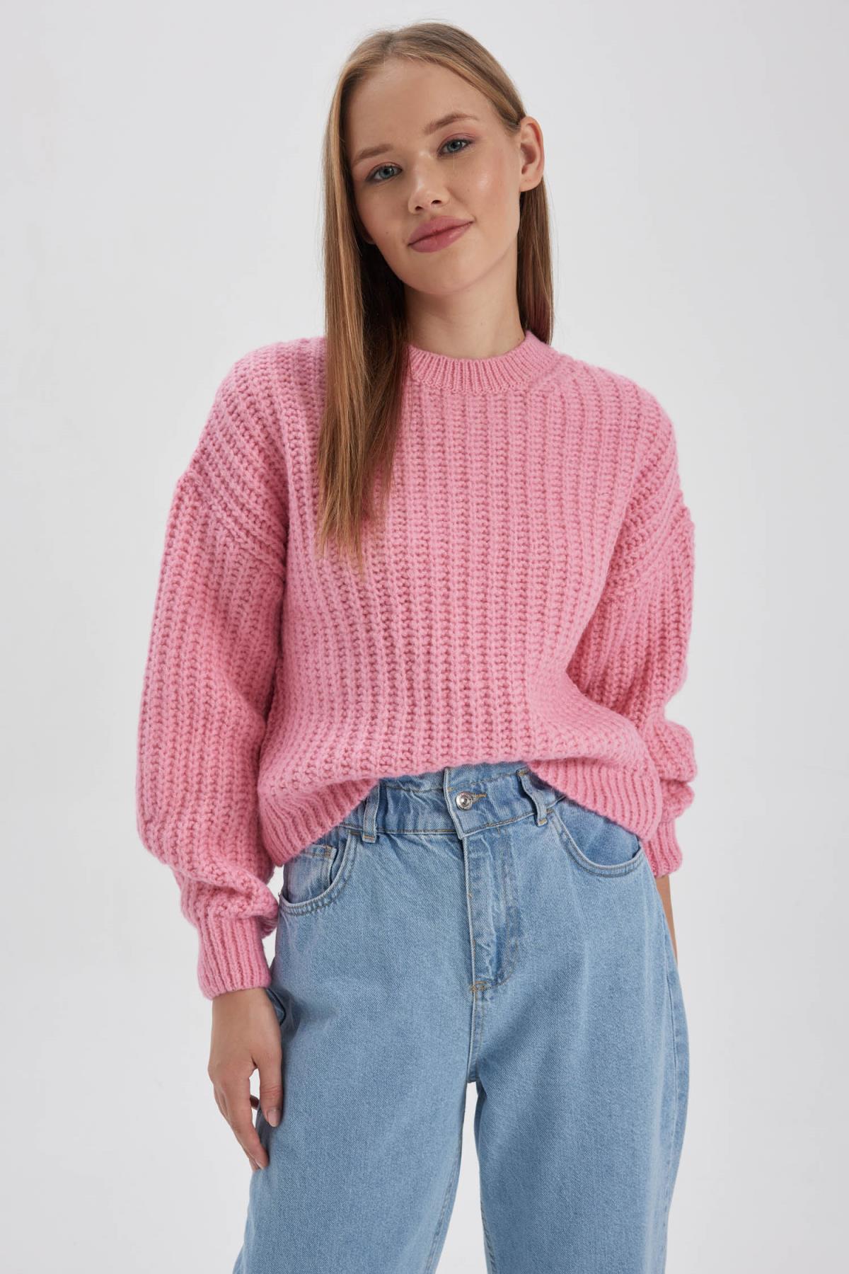 Крутой свитер оверсайз с круглым вырезом DeFacto, розовый свитер оверсайз с круглым вырезом defacto экрю