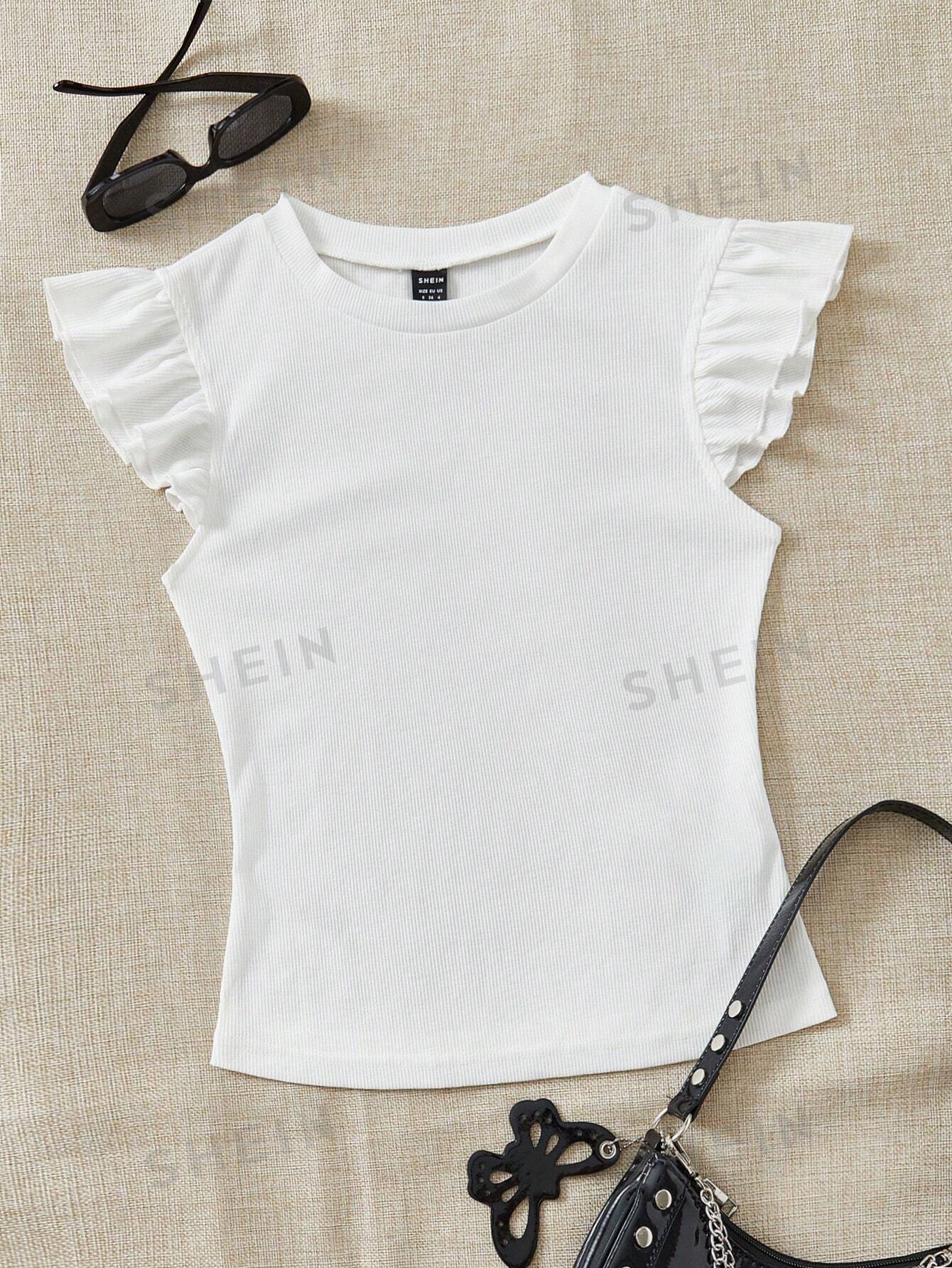 SHEIN WYWH трикотажная однотонная женская футболка с круглым вырезом и короткими рукавами, белый