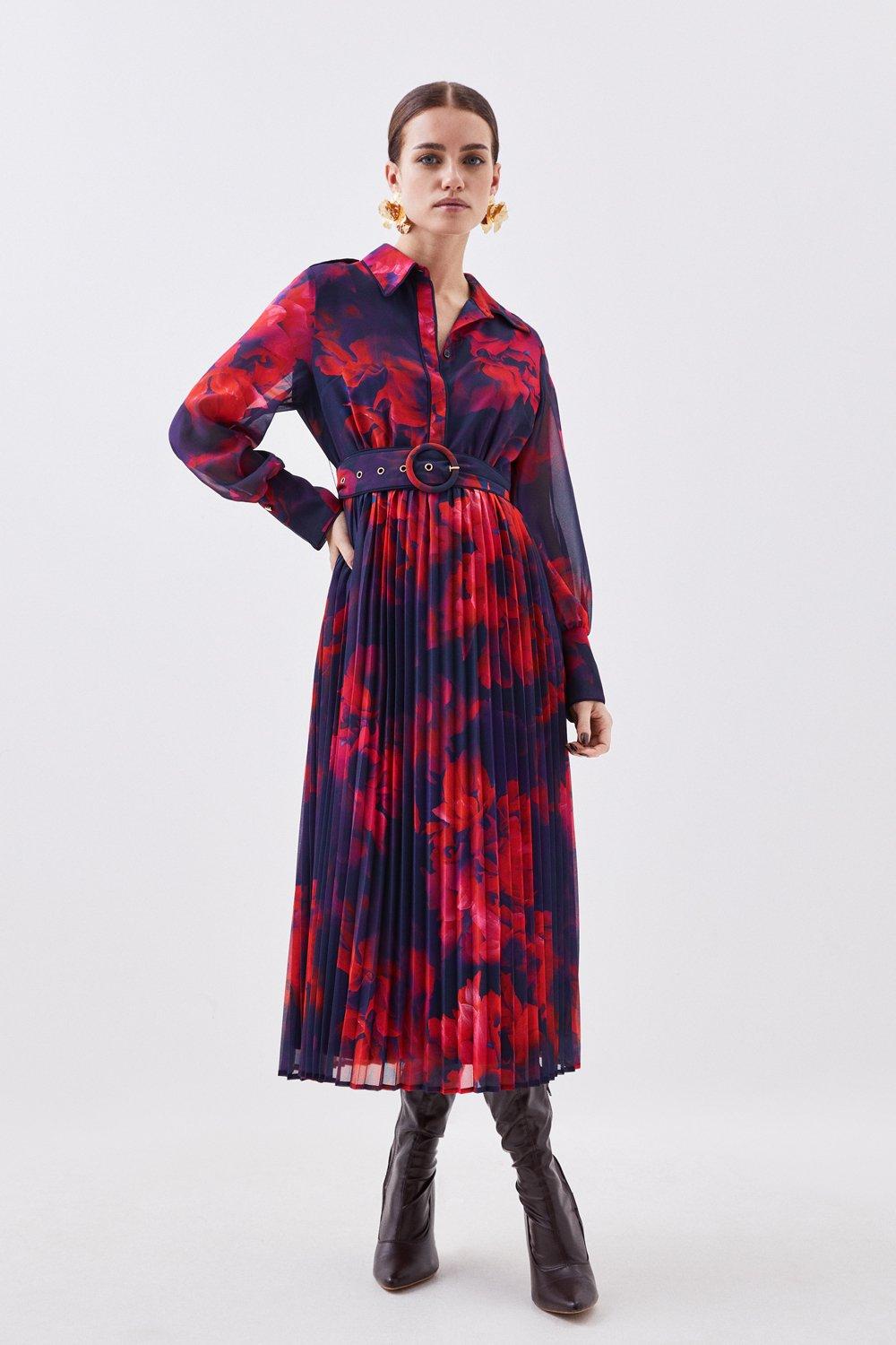 Плиссированное тканое платье макси с поясом из жоржета Petite с цветочным принтом Karen Millen, мультиколор