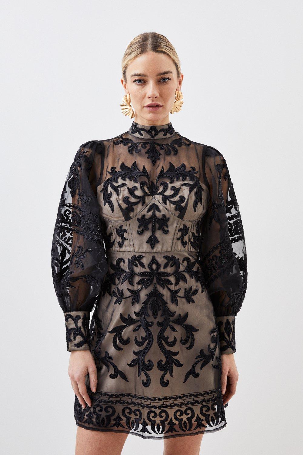 Тканое мини-платье Petite Baroque с аппликацией Karen Millen, черный