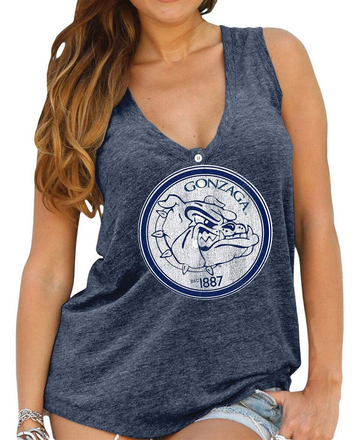 

Женская темно-синяя свободная майка Henley Tri-Blend с V-образным вырезом Gonzaga Bulldogs Original Retro Brand, темно-синий