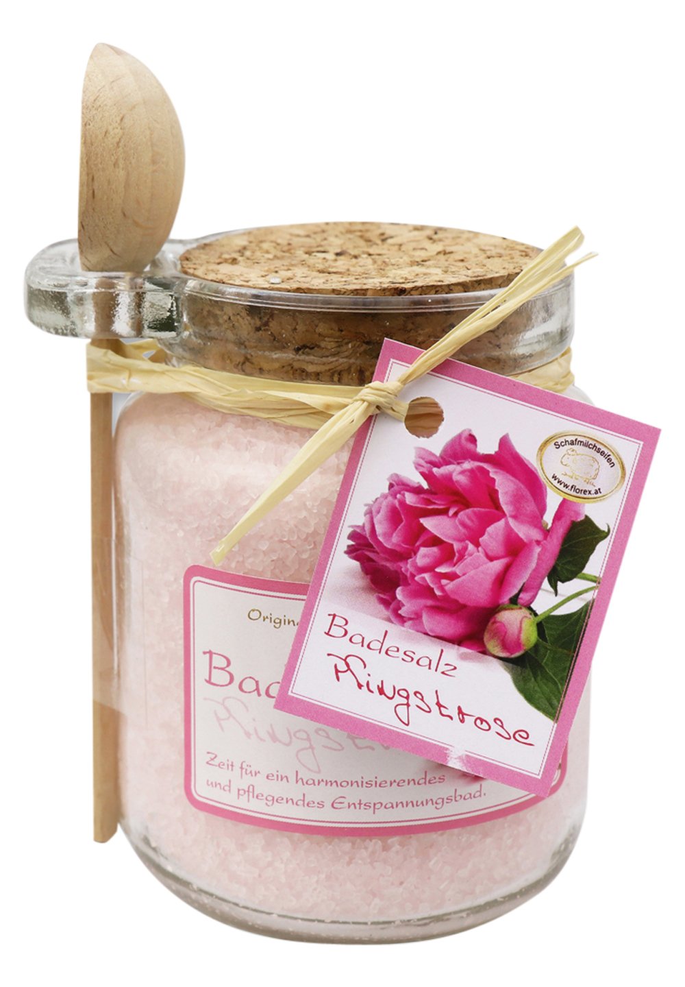 

Добавка для ванны BADESALZ PFINGSTROSE GLAS MIT HOLZLÖFFEL 300 G Florex, цвет rosa