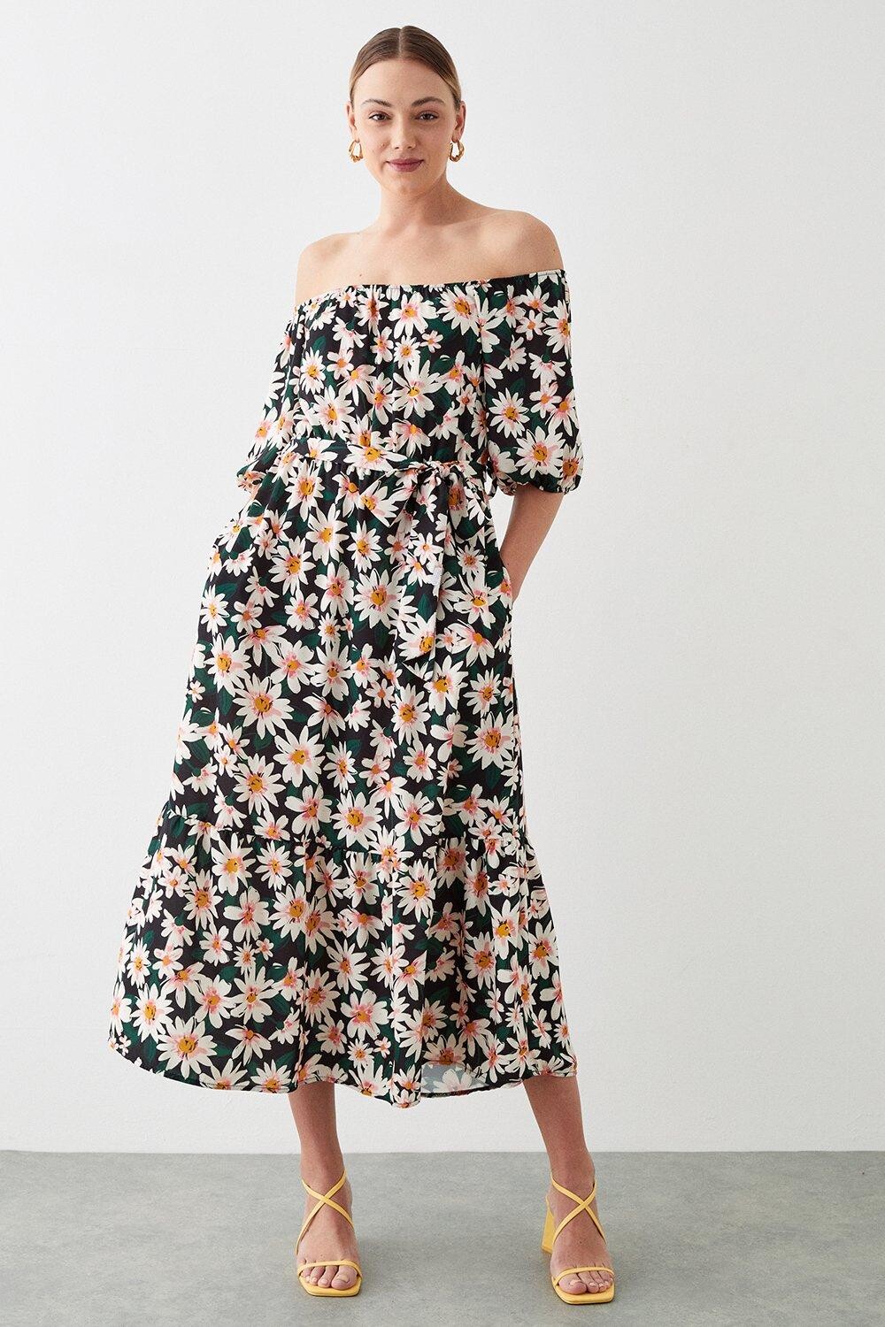

Платье с вырезом и оборками по краю с принтом Tall Daisy Dorothy Perkins, черный