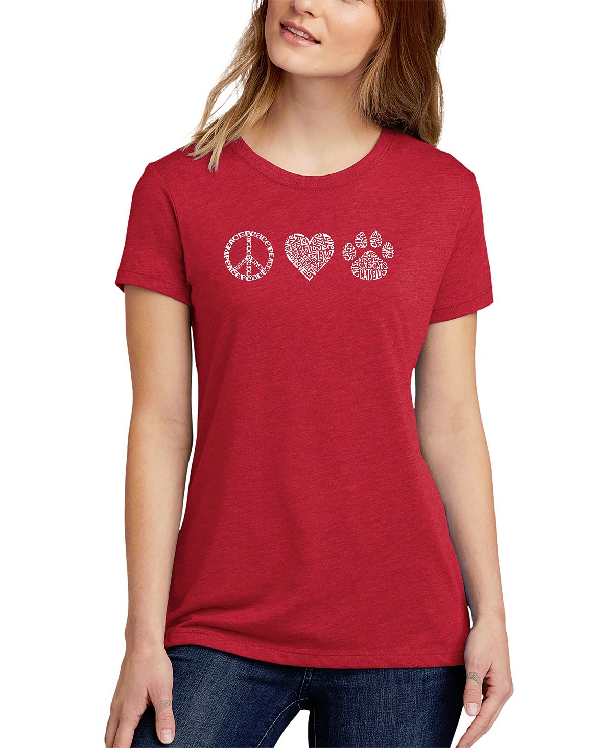 Женская футболка премиум-класса Peace Love Cats Word Art LA Pop Art, красный