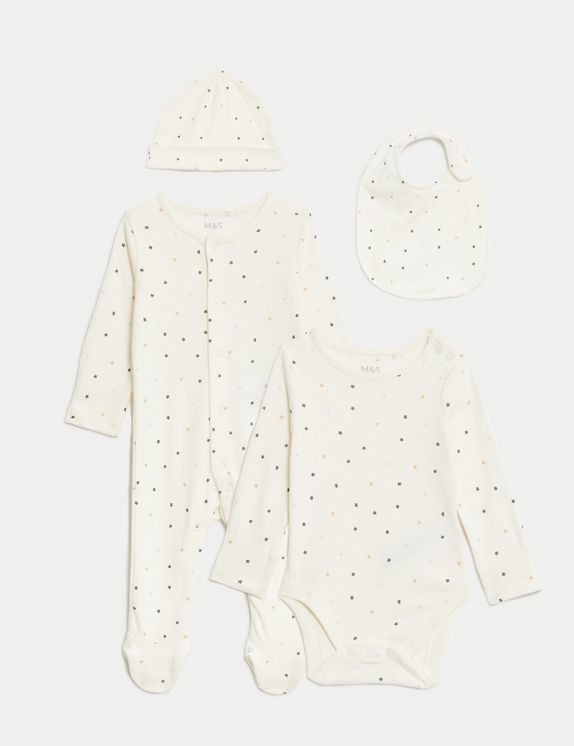 Стартовый набор со звездами из чистого хлопка, 4 предмета (0–1 год) Marks & Spencer, белый микс