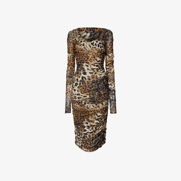 Платье миди из эластичной ткани со сборками и леопардовым принтом Roberto Cavalli, цвет naturale