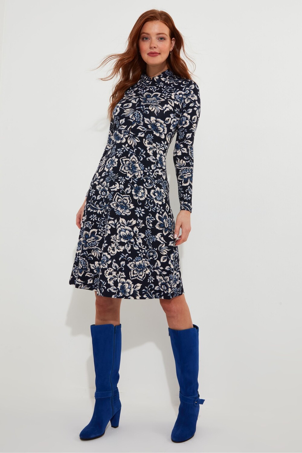 

Платье из джерси с цветочным принтом, длиной до колена, с воротником и молнией спереди Joe Browns, синий