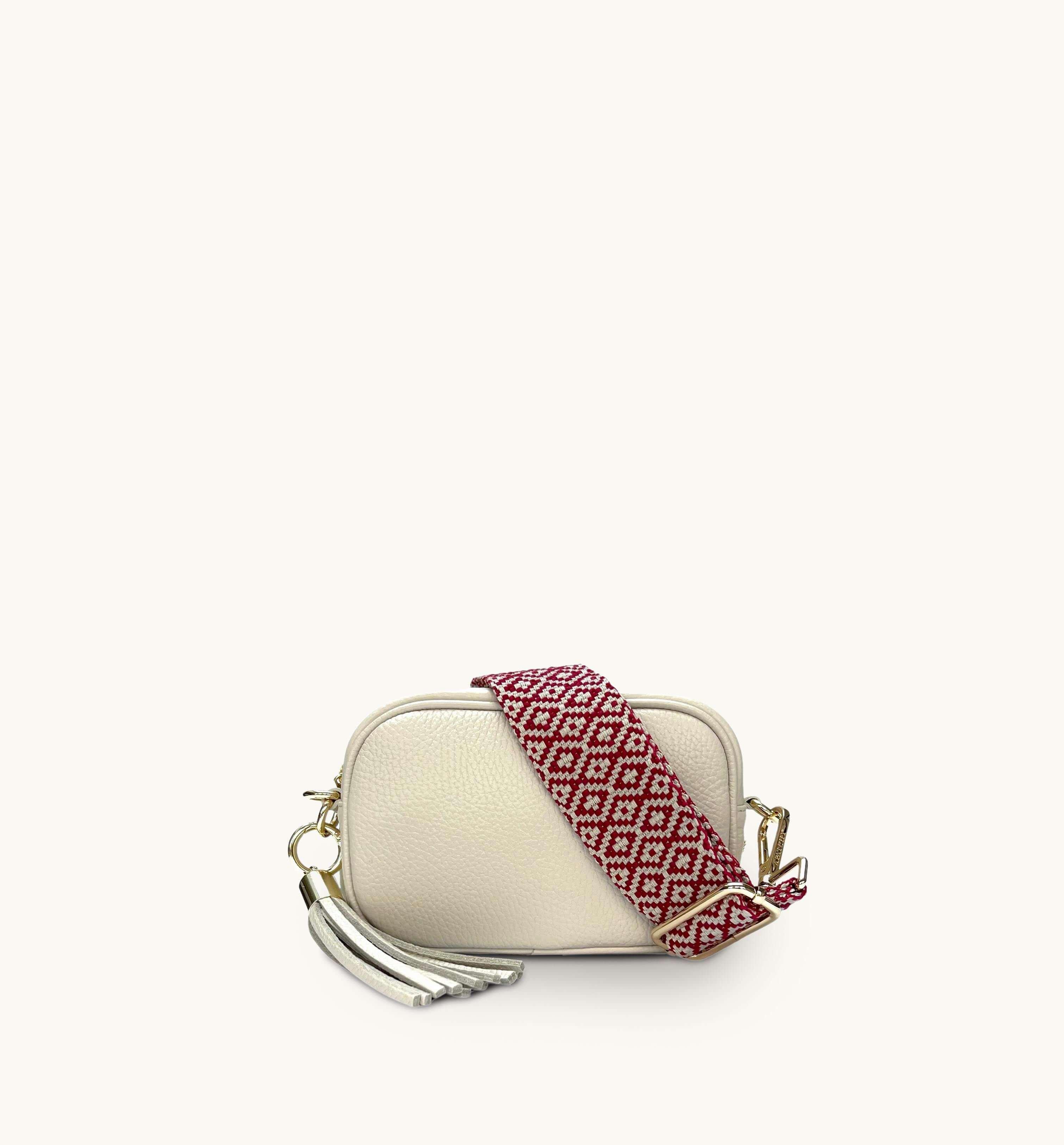 Кожаная сумка для телефона Mini с кисточками и ремешком с красной вышивкой крестиком Apatchy London, бежевый
