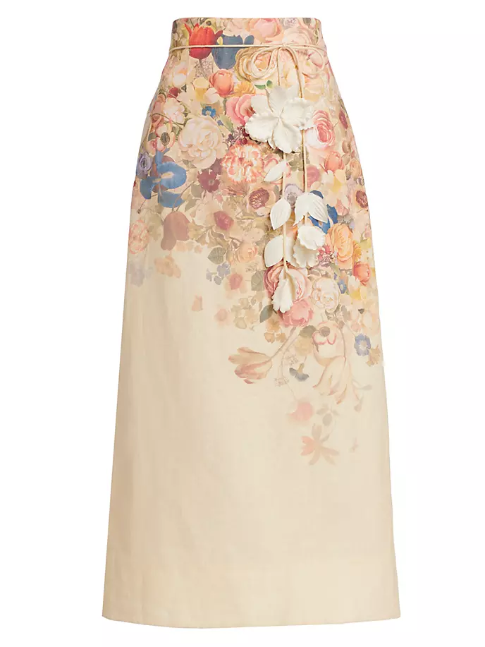

Льняная юбка миди цвета розового цвета с поясом Luminosity Zimmermann, цвет morisot cream print