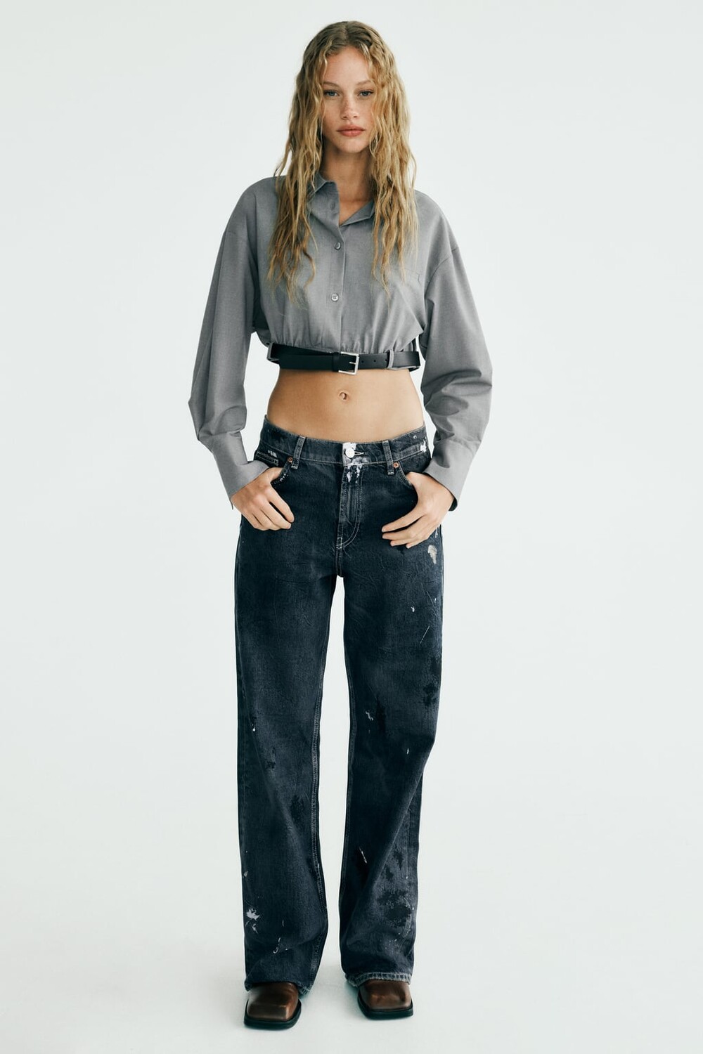 

Укороченная рубашка с поясом ZARA, серый