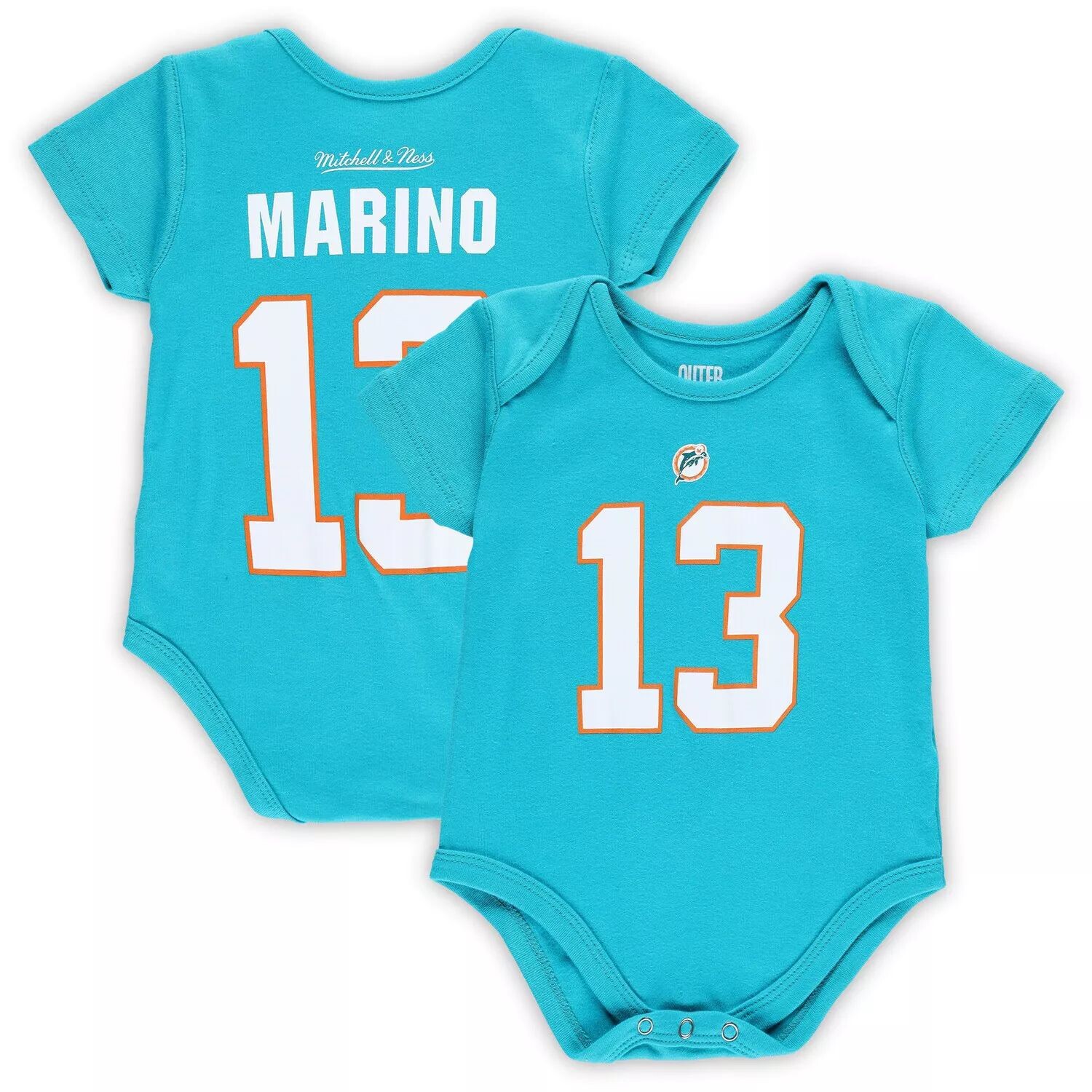 

Боди Infant Mitchell & Ness Dan Marino Aqua Miami Dolphins Mainliner, имя и номер игрока в отставке Unbranded