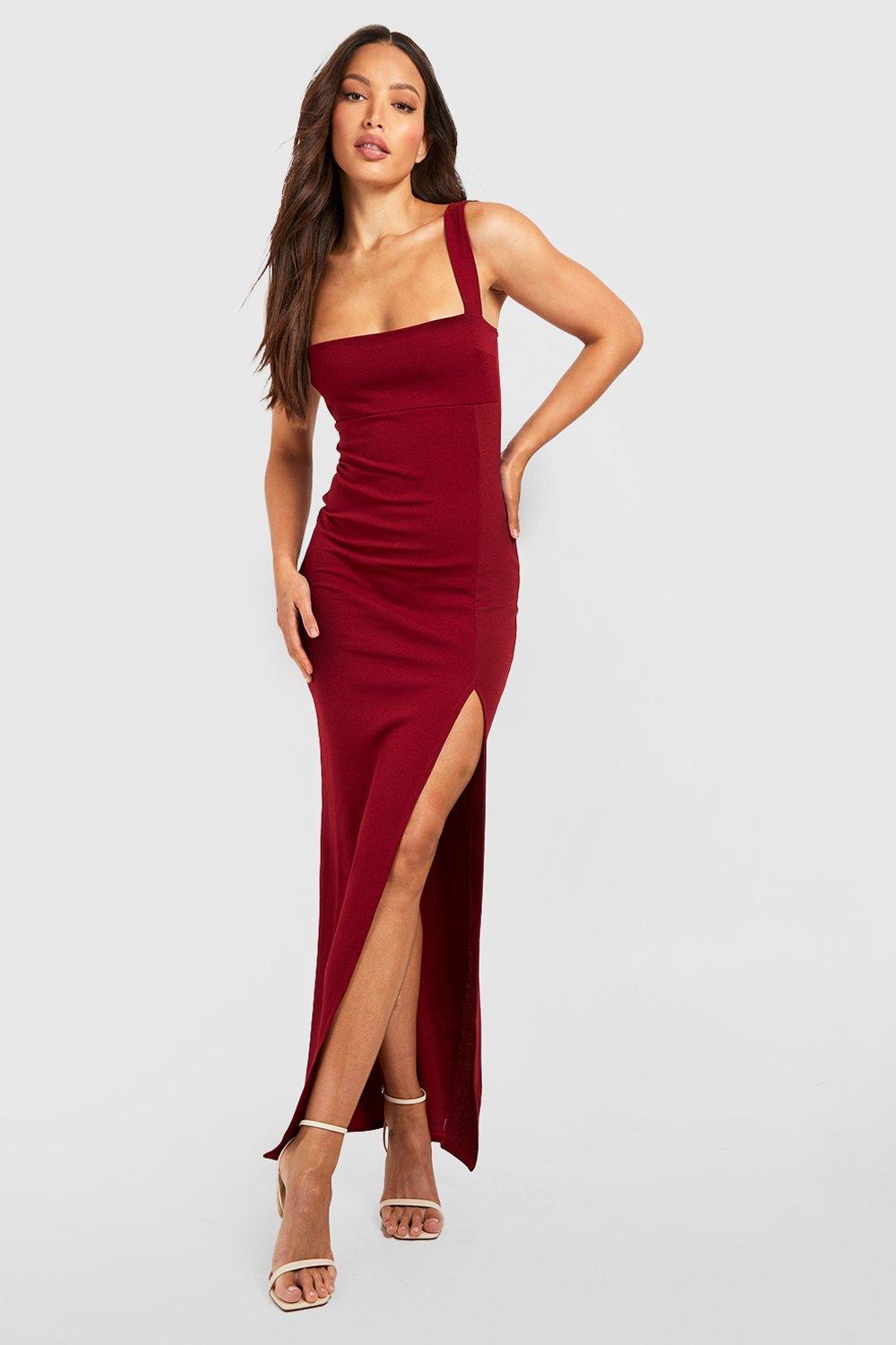 Платье макси с высоким квадратным вырезом и боковым разрезом boohoo, красный платье с квадратным вырезом черный