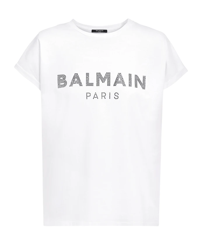 

Хлопковая футболка с эко дизайном и логотипом из стразов Balmain, белый
