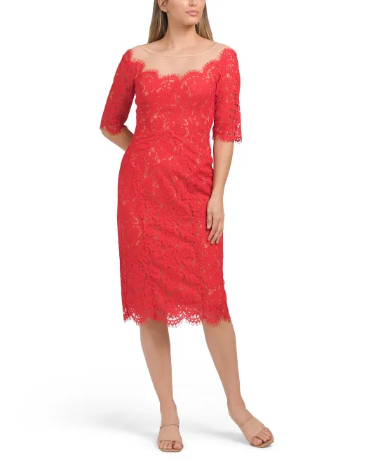 

Кружевное платье с рукавом три четверти и иллюзией Rene By Rene Ruiz, красный