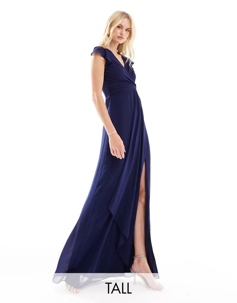 

Темно-синее платье макси с оборками и развевающимися рукавами TFNC Bridesmaid