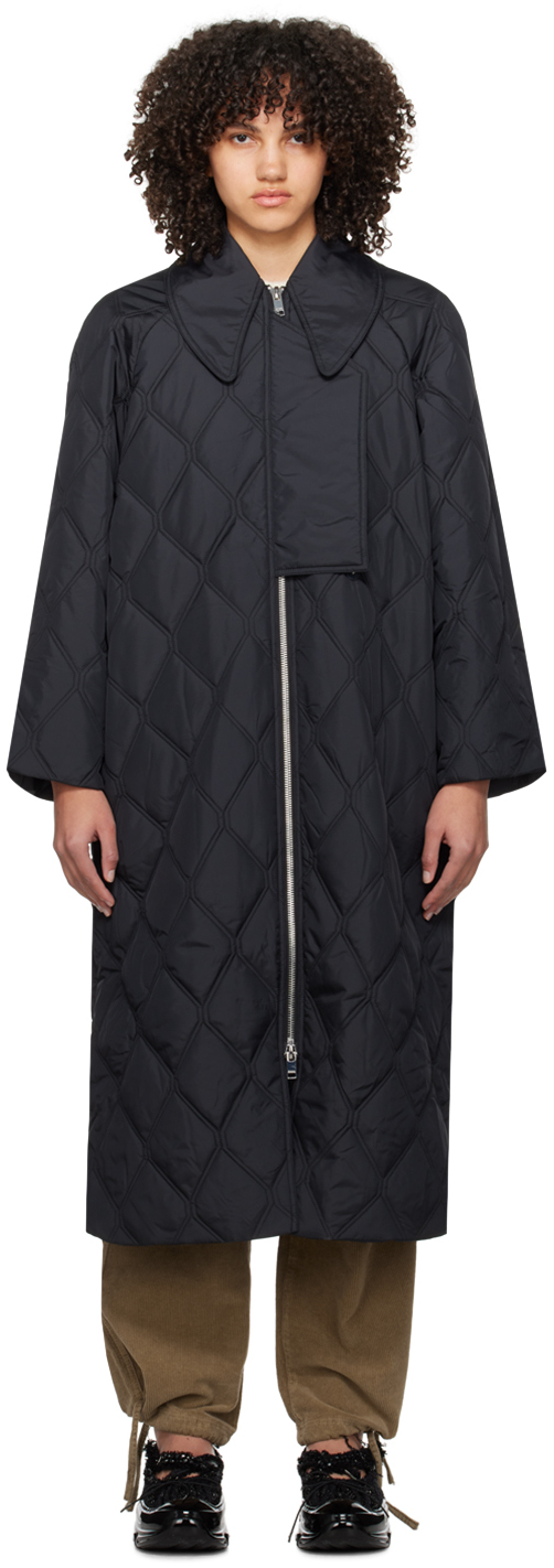 Черное стеганое пальто Ganni цена и фото