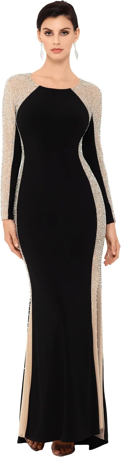 

Платье Long Ity with Caviar Beaded Sleeve XSCAPE, цвет Black/Nude/Silver