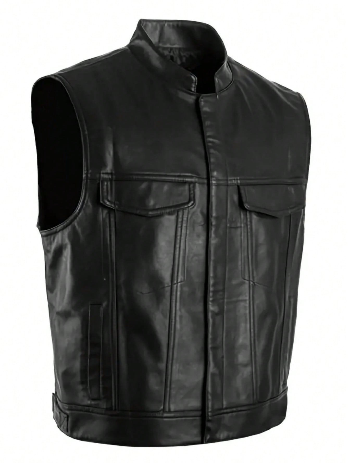 Мужской жилет из искусственной кожи с нагрудными карманами на пуговицах, черный мужской костюмный жилет облегающая деловая куртка в стиле стимпанк жилетка в западном стиле