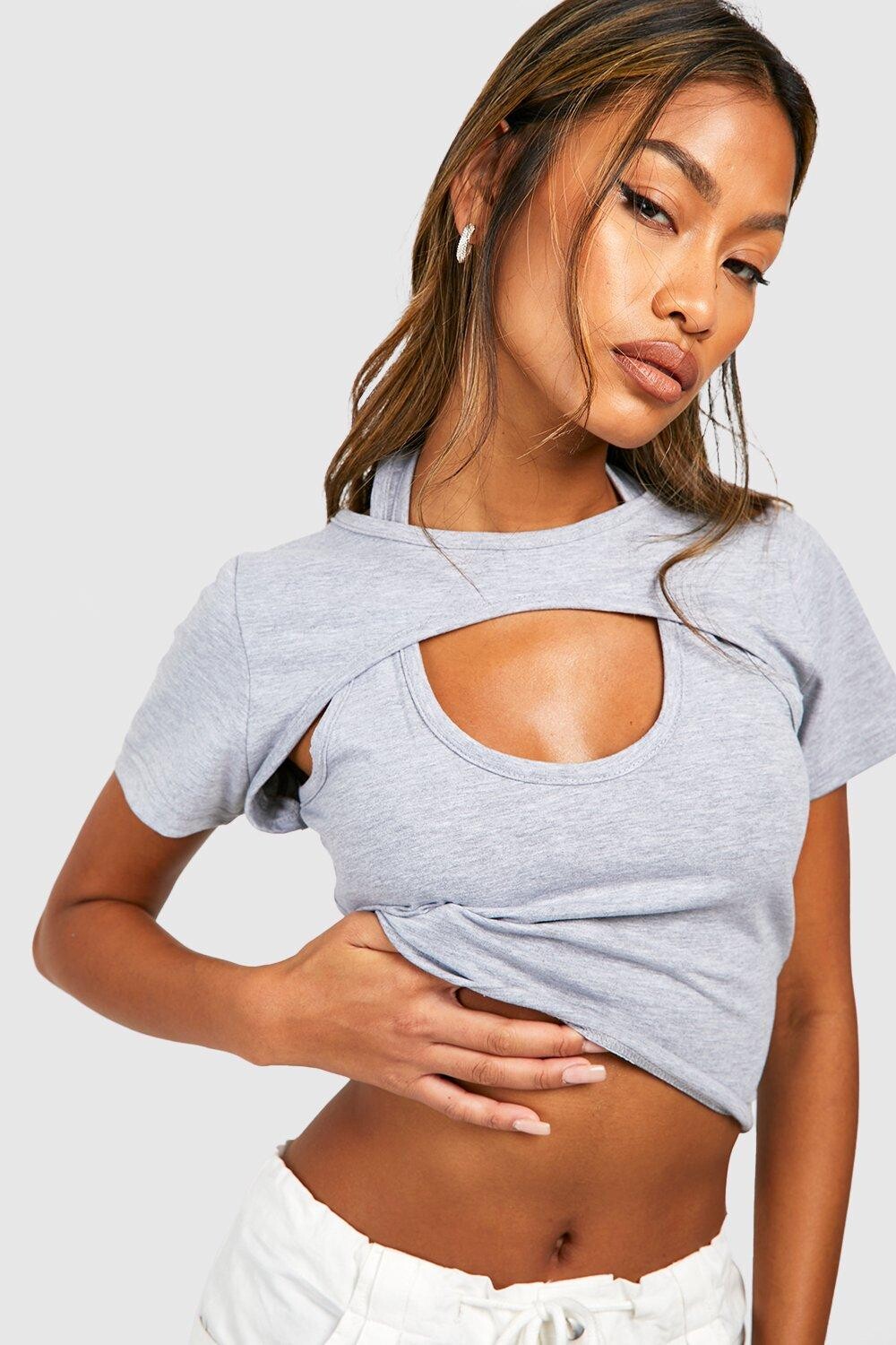

Многослойная укороченная футболка с хэлтером Boohoo, серый