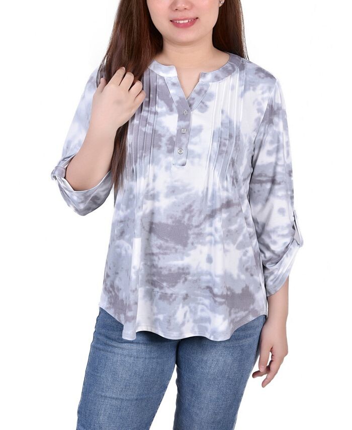 

Женский трикотажный жаккардовый топ с отвернутыми рукавами 3/4 и язычком NY Collection, цвет Gray Tie Dye