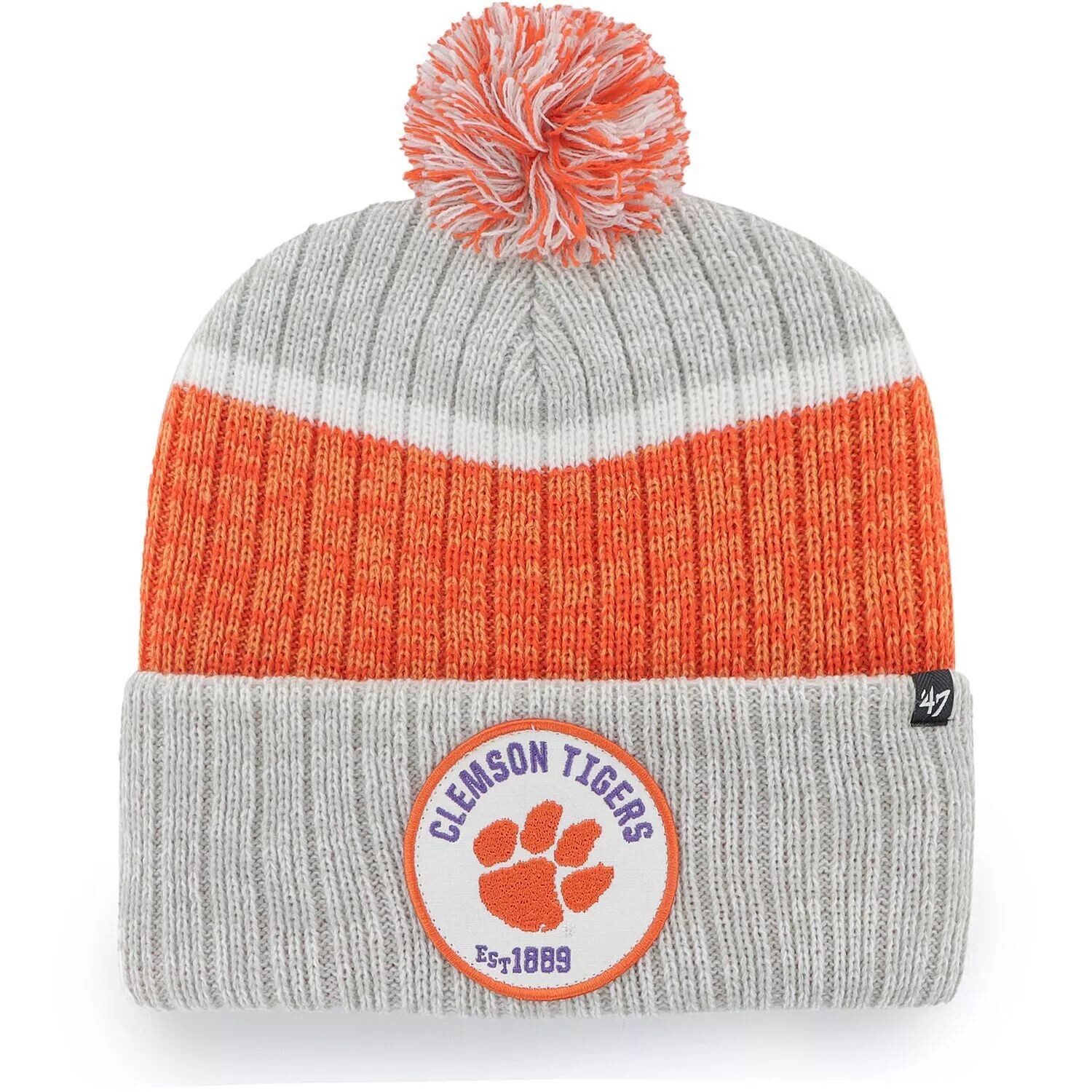 

Мужская серая вязаная шапка с манжетами и помпоном Clemson Tigers Holcomb '47 47 Brand
