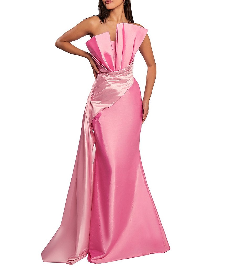 Terani Couture Двухцветное платье-русалка из тафты без бретелек с асимметричным лифом и драпировкой, розовый