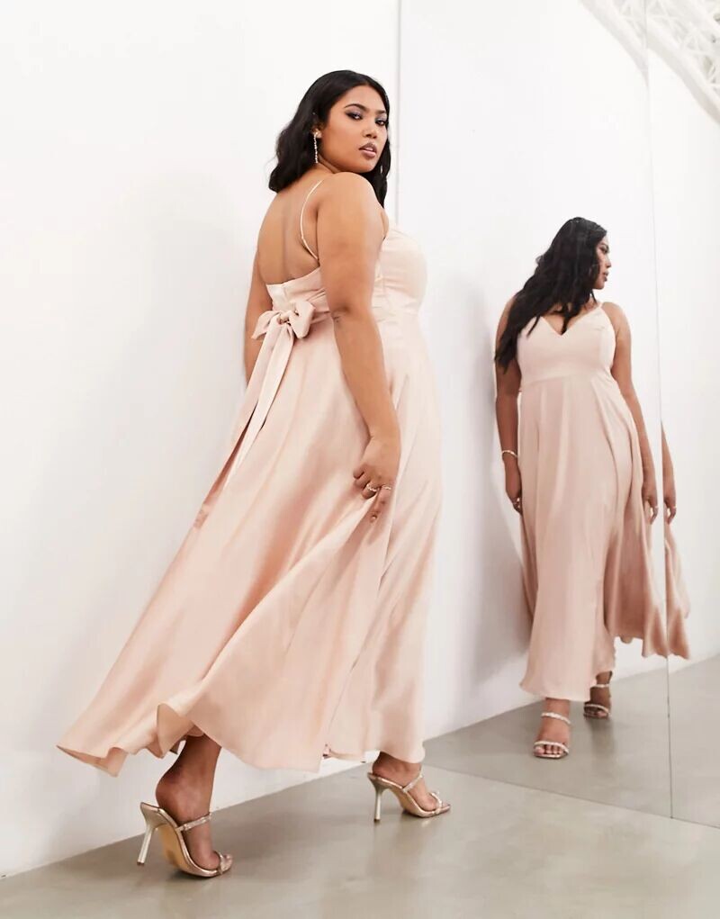 

Розовое атласное платье миди с завязками на спине ASOS DESIGN Bridesmaid Curve
