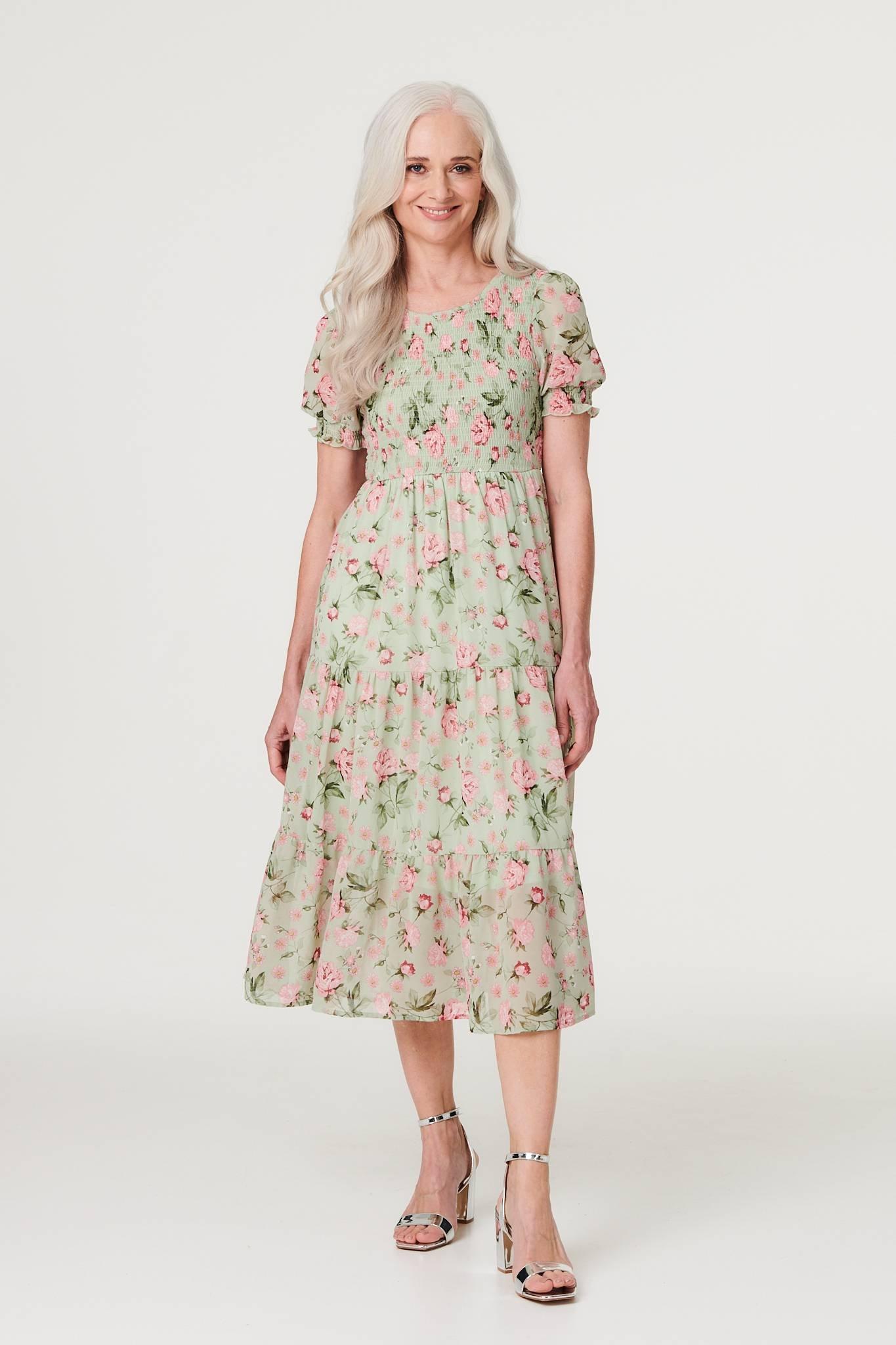 Свободное платье с цветочным принтом и пышными рукавами Izabel London, зеленый многоярусная юбка с цветочным принтом ralph lauren