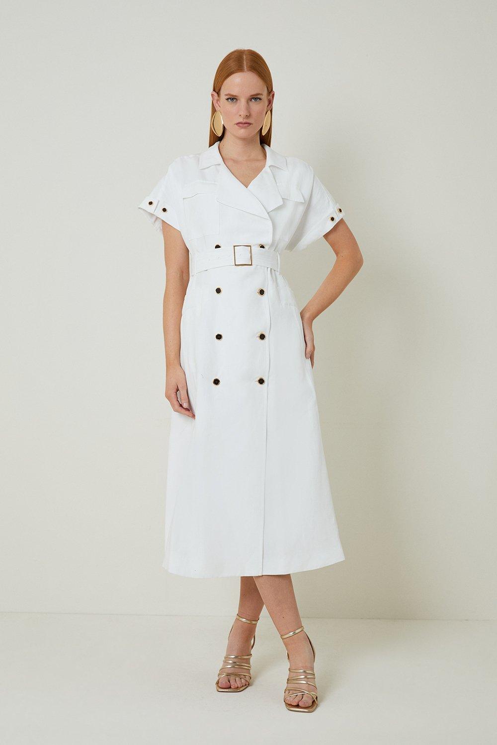 Двубортное платье-рубашка миди из льна и вискозы с поясом Karen Millen, белый платье миди прямое из льна в клетку 48 каштановый