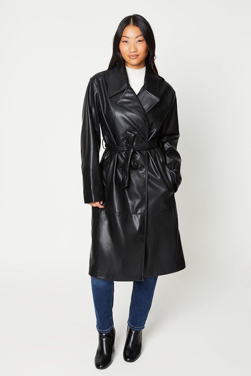 

Удлиненный тренч из искусственной кожи Petite Dorothy Perkins, черный