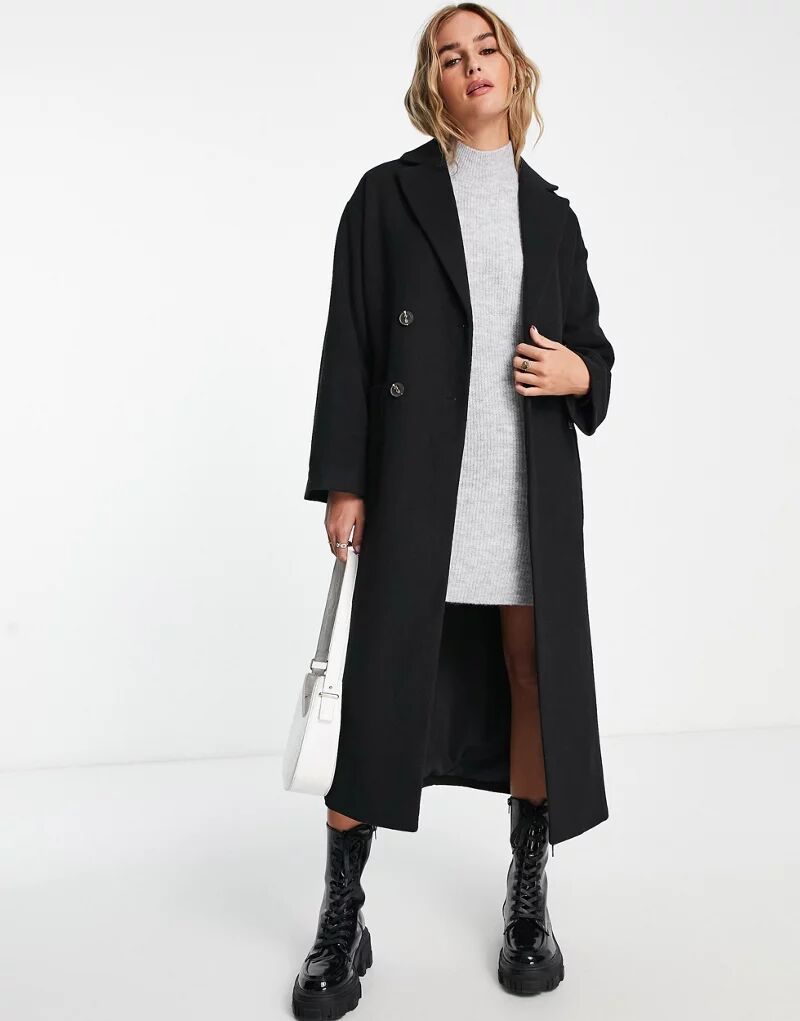 Двубортное пальто Monki из смесовой шерсти черного цвета с поясом