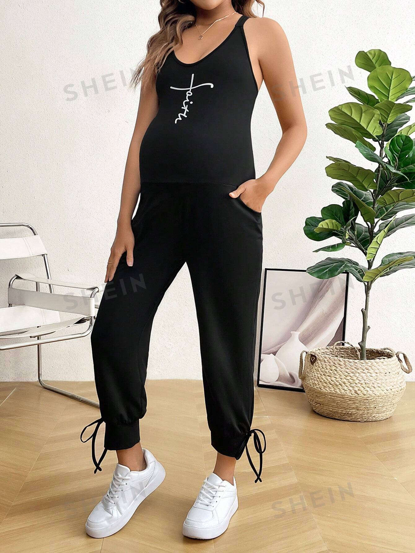 SHEIN Комбинезон для беременных с буквенным принтом, черный фото