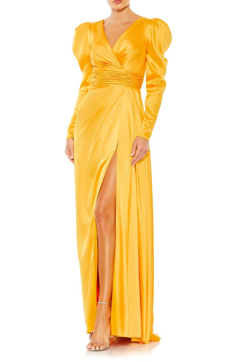 

Атласное платье с запахом из искусственной ткани с пышными рукавами MAC DUGGAL
