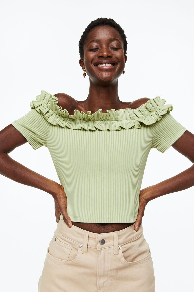 

Топ с открытыми плечами и оборками H&M, зеленый