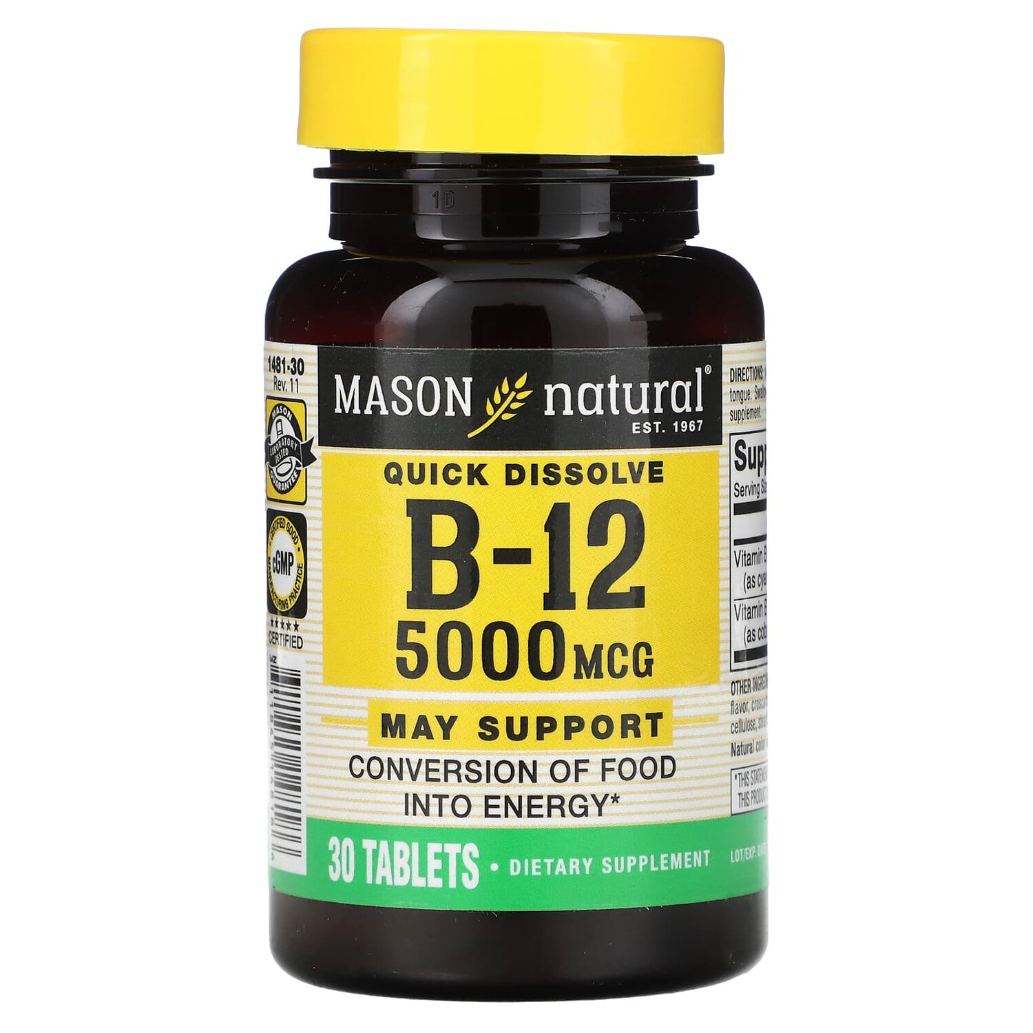 

Quick Dissolve, витамин B12, 5000 мкг, 30 таблеток, Mason Natural