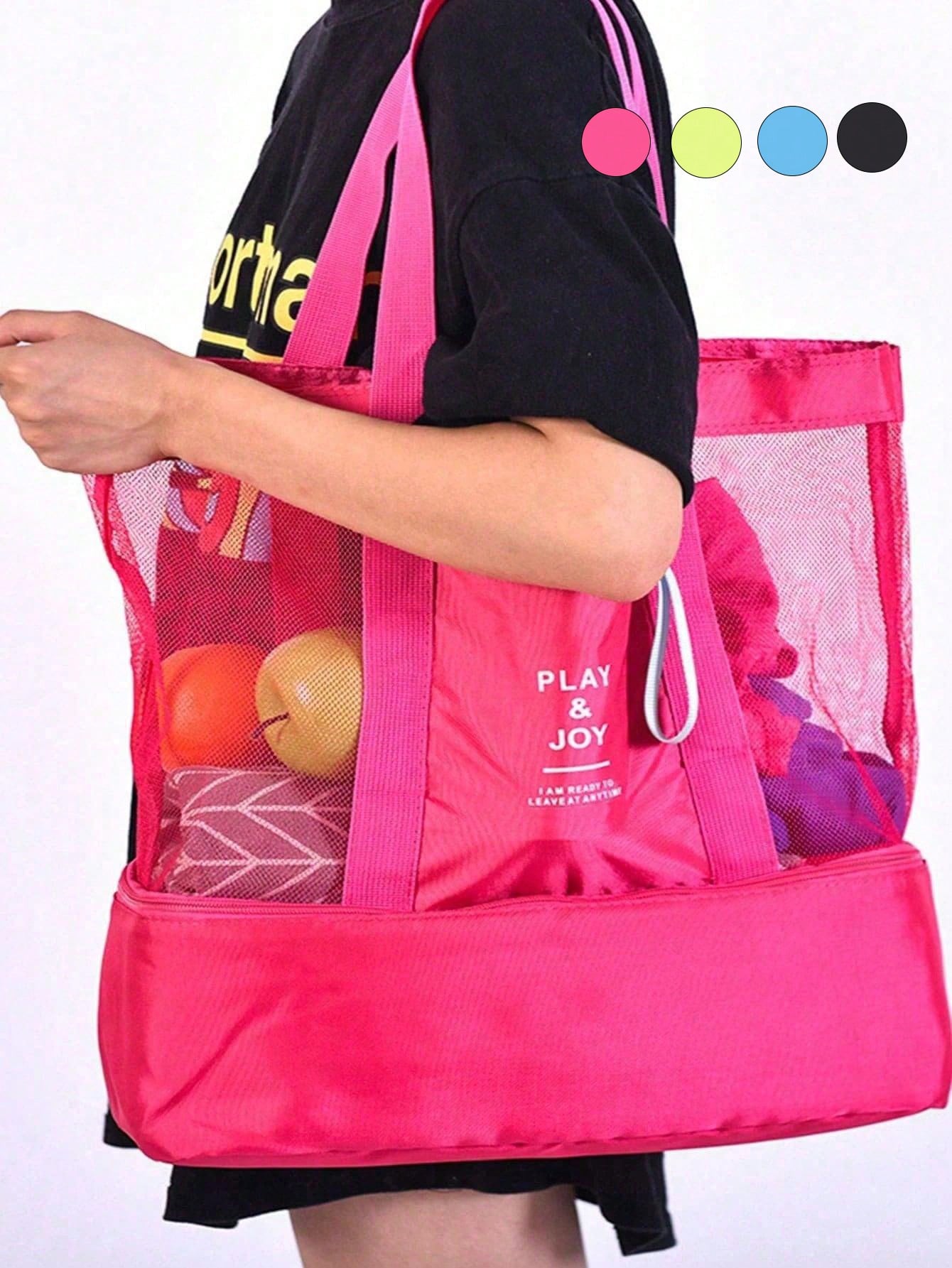 большая пляжная сумка с контрастной переплетной сеткой для отдыха ярко розовый Большая сумка с водонепроницаемым изолированным отделением, синий