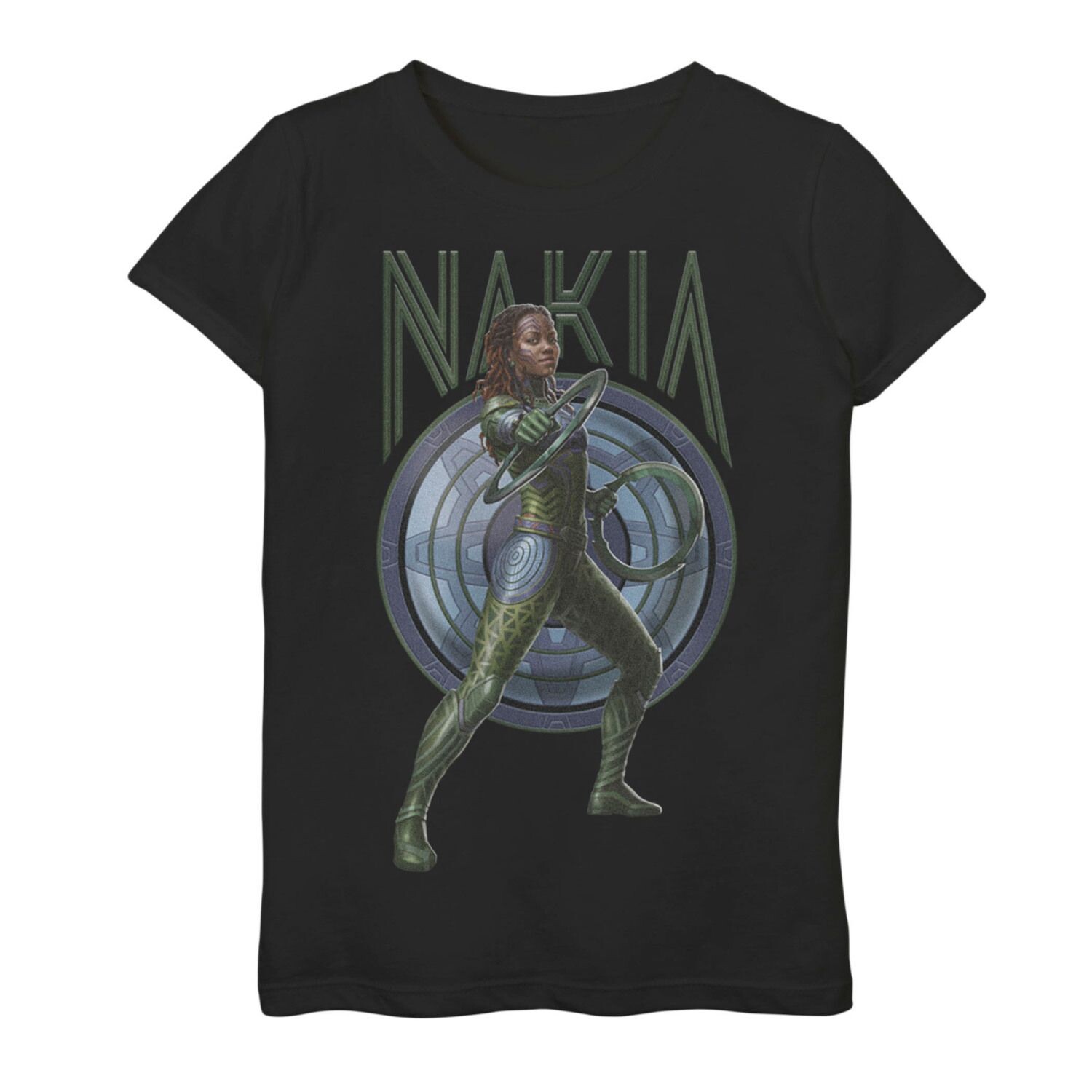 

Футболка с изображением синего щита Marvel Wakanda Forever Nakia для девочек 7–16 лет Licensed Character, черный
