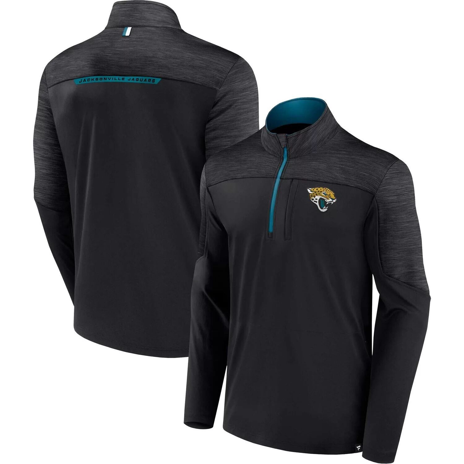 

Мужская черная брендовая футболка с молнией до половины Jacksonville Jaguars Defender Fanatics