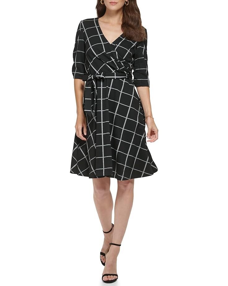 

Платье DKNY Front Wrap V-Neck Fit-and-Flare with Elbow Sleeve, черный