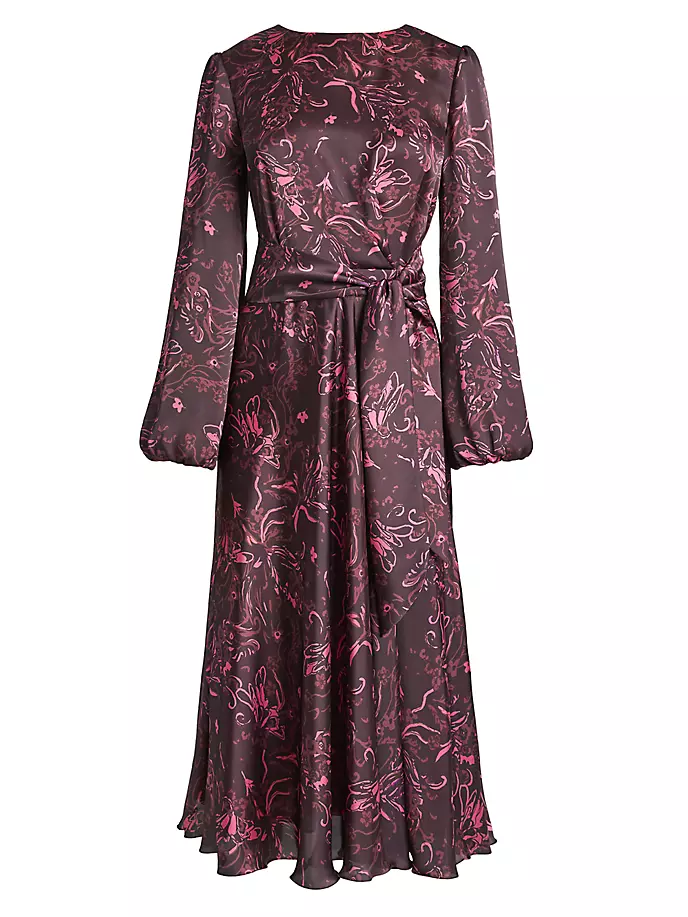 Расклешенное платье миди из шармеза с цветочным принтом Santorelli, цвет bordeaux