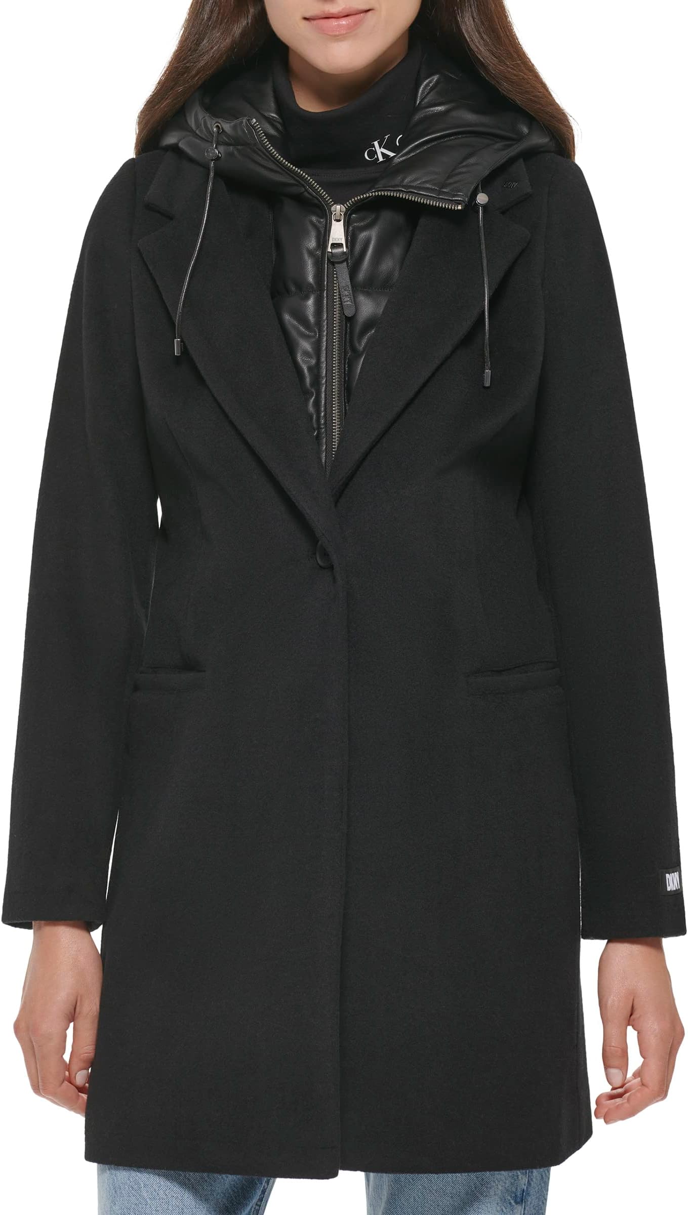 

Пальто DKNY Wool Coat with PU Bib, черный