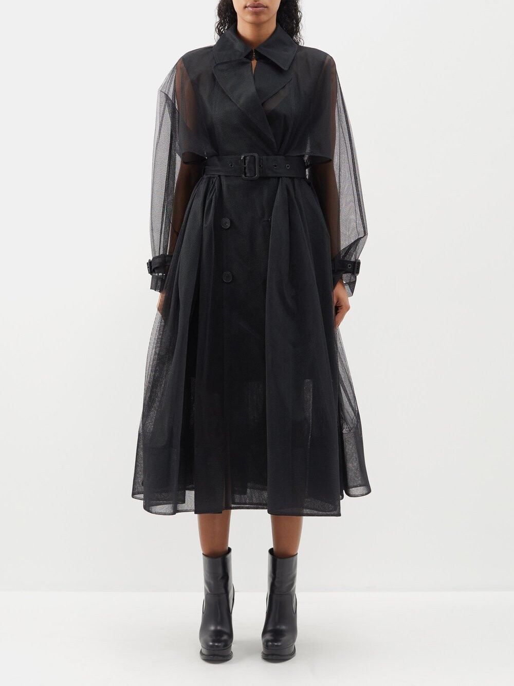 

Тренч из сетки с объемными рукавами Alexander McQueen, черный