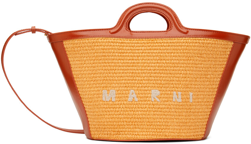 

Маленькая кожаная сумка-тоут Orange Tropicalia с эффектом рафии Marni