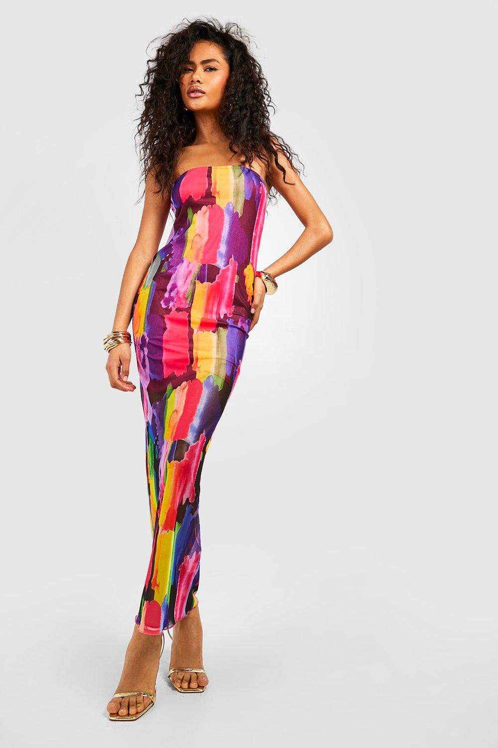 Платье-бандо макси с абстрактным принтом Boohoo, разноцветный
