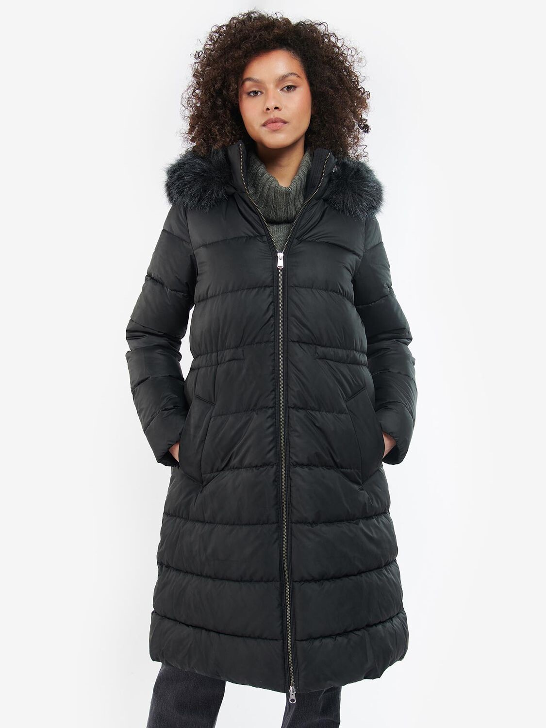 

Длинное стеганое пальто Barbour Francesca, черный/моно-тартан
