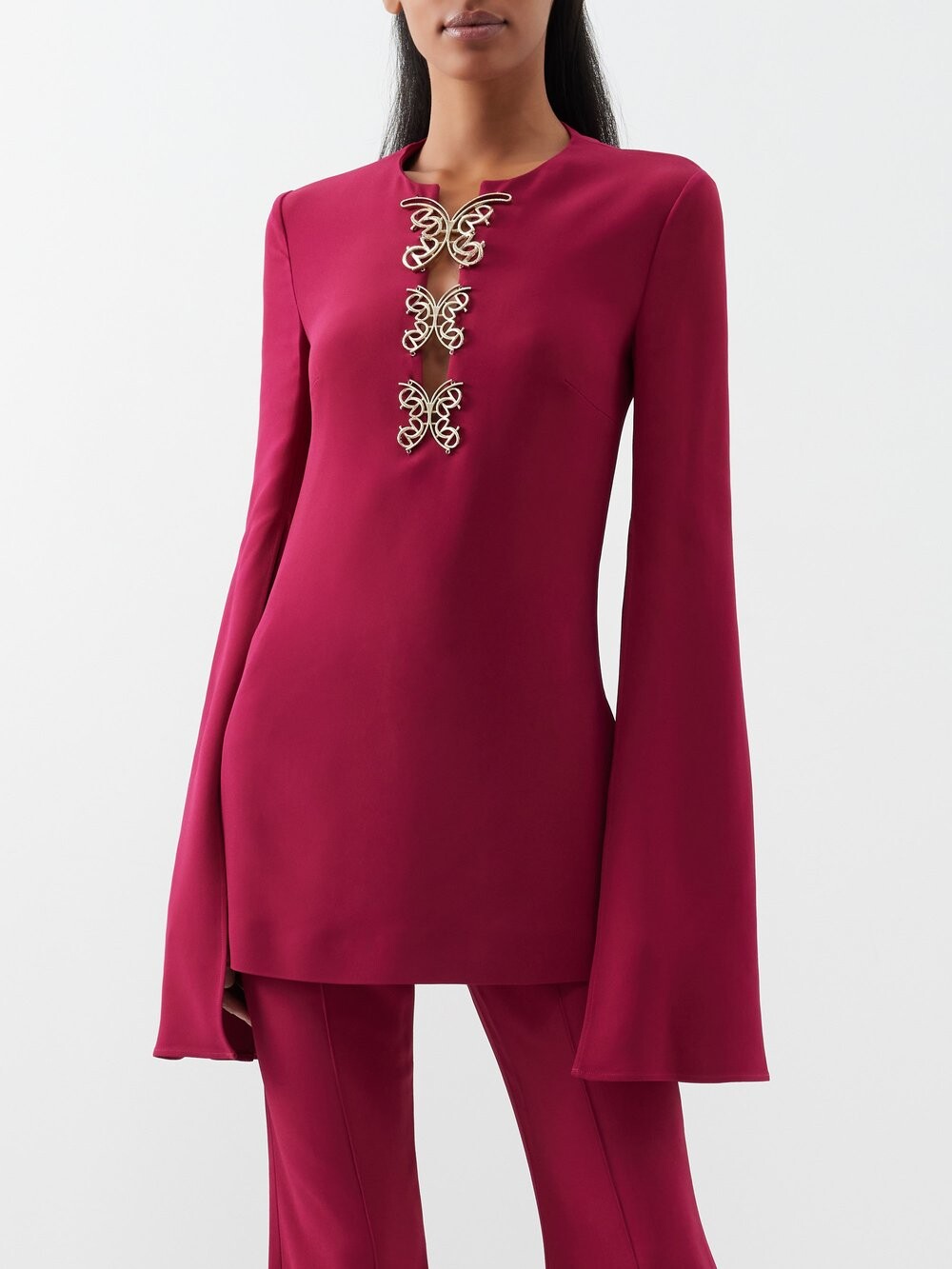 

Украшенная туника из крепа с разрезами на рукавах Elie Saab, розовый