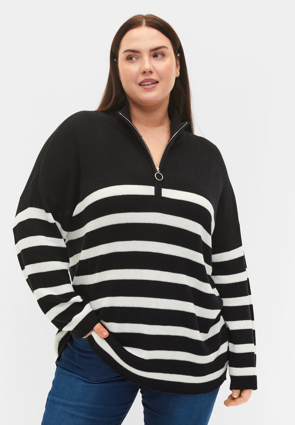 

Свитшот Zizzi GESTREIFTE MIT HOHEM KRAGEN, цвет black w cloud dancer