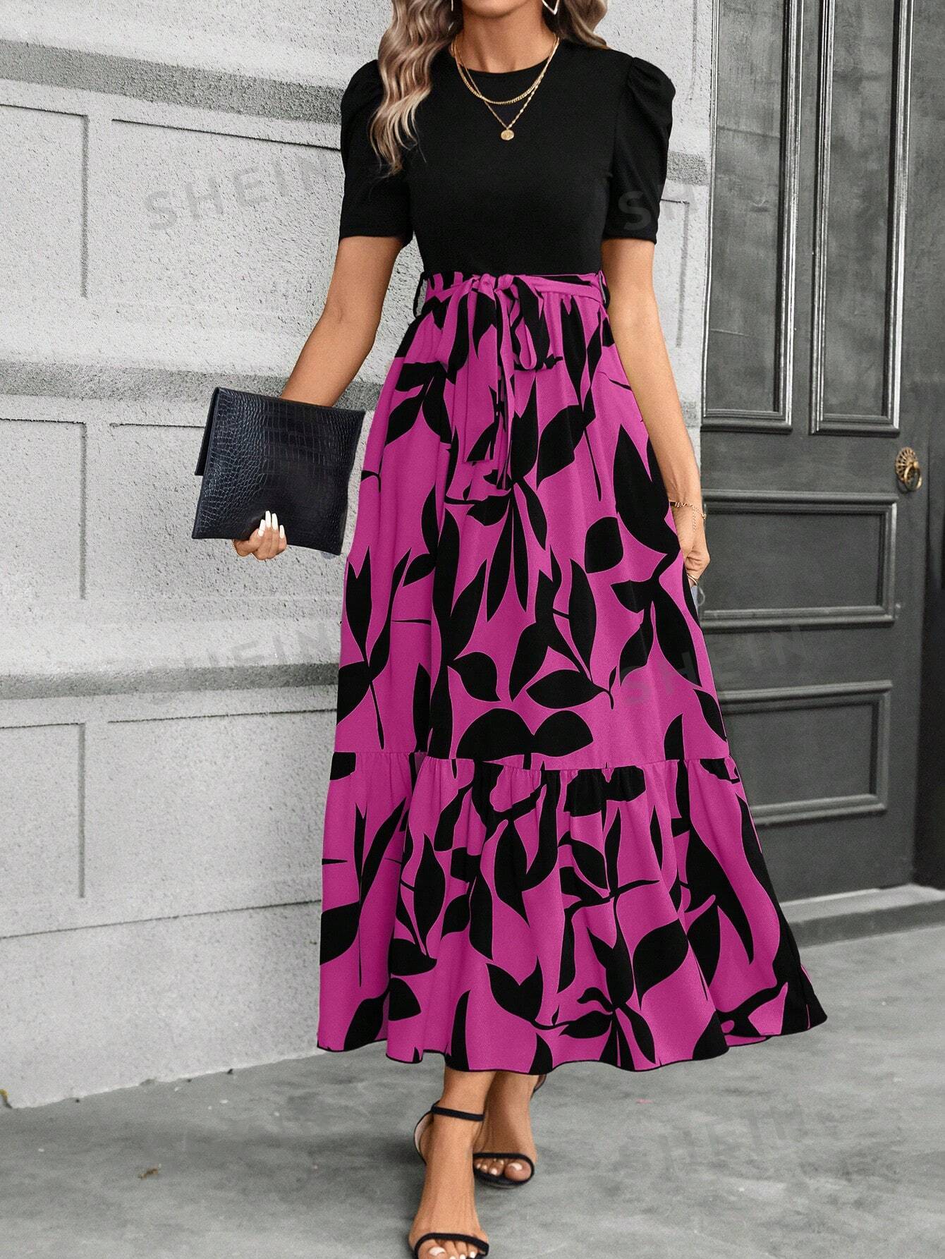 Платье с пышными рукавами цветных блоков и пэчворк с цветочным принтом, ярко-розовый платье с короткими рукавами и принтом 0 xs бежевый