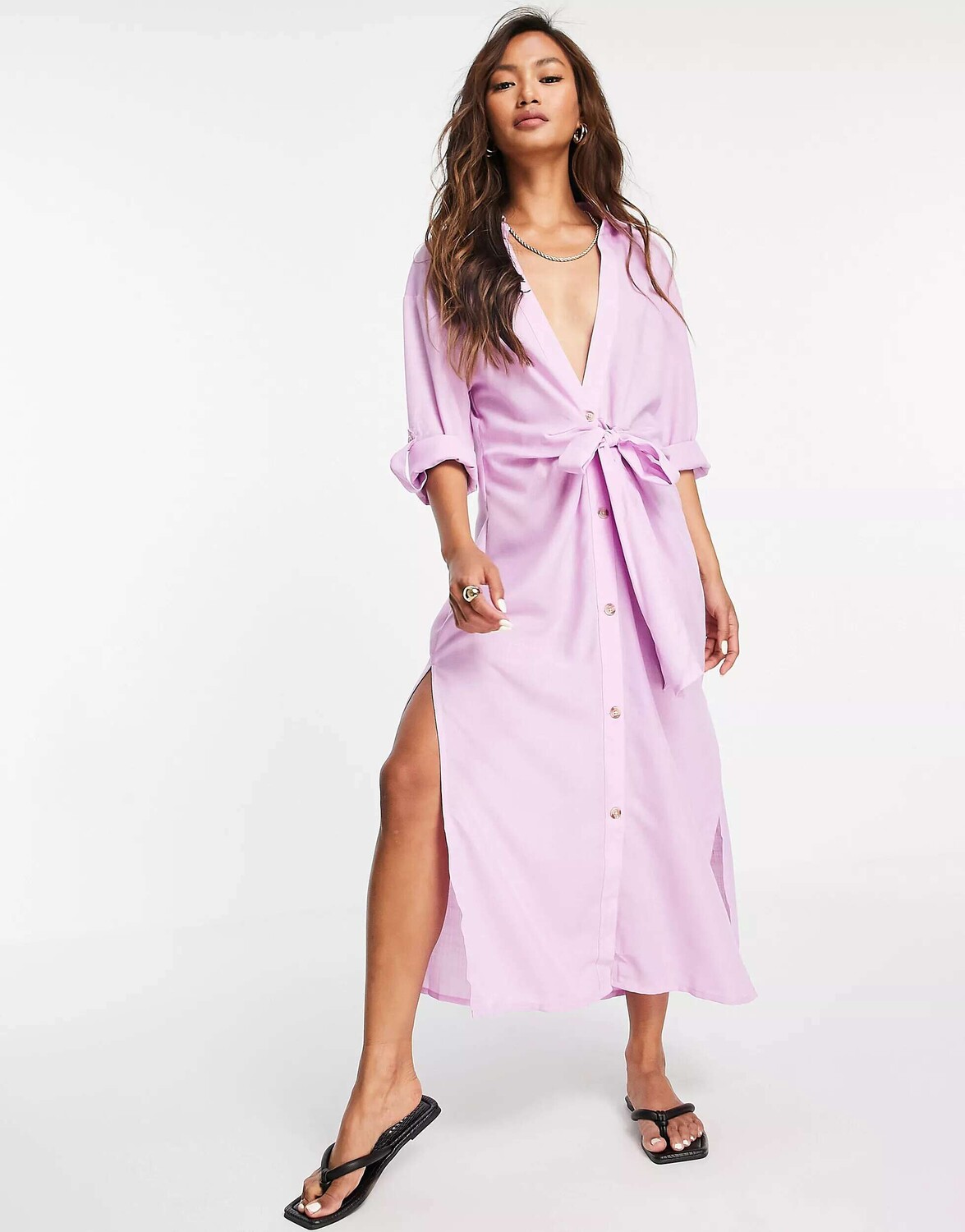 

Удлиненное платье-рубашка с завязкой спереди River Island сиреневого цвета