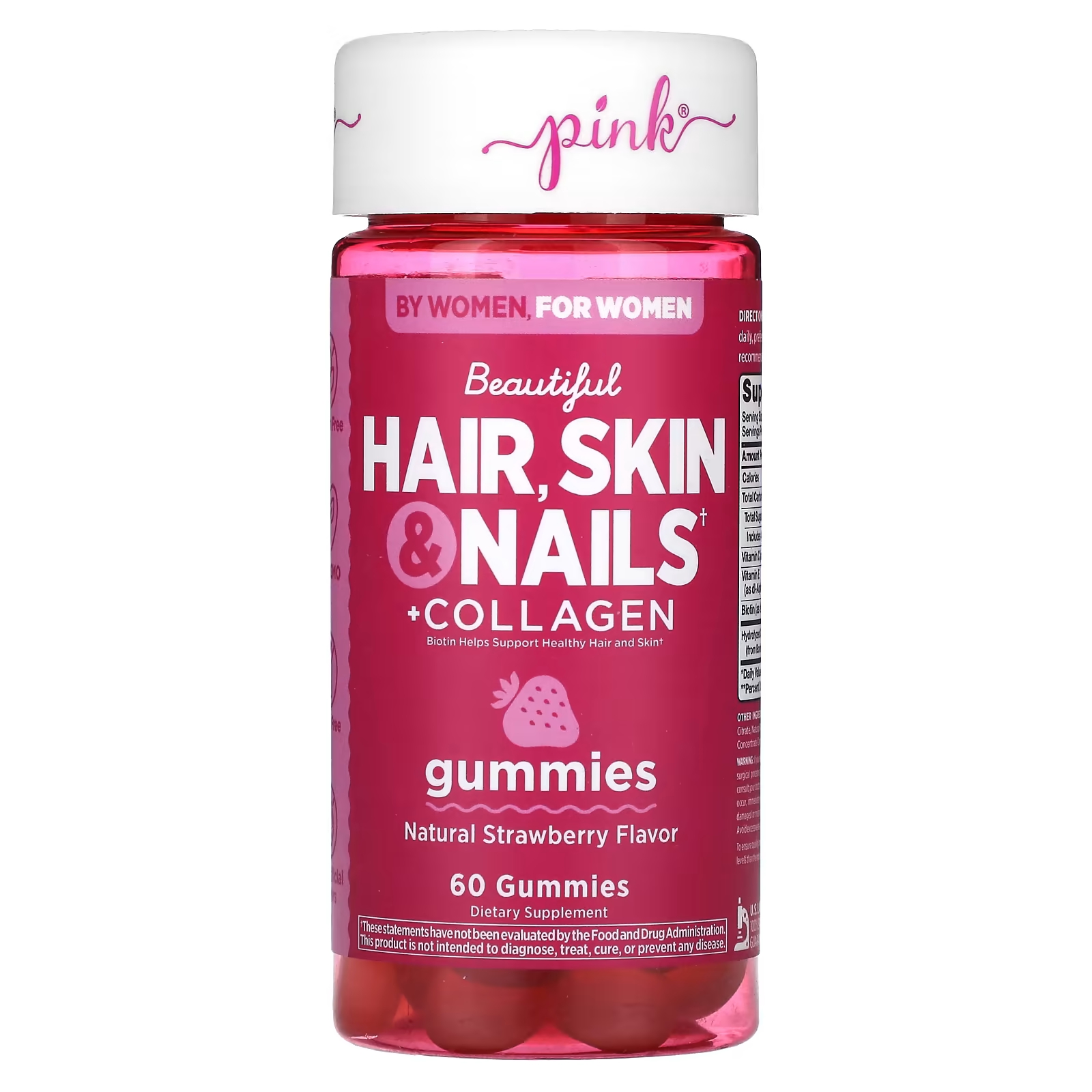 Пищевая добавка Pink Beautiful Hair Skin & Nails натуральная клубника с коллагеном, 60 жевательных таблеток
